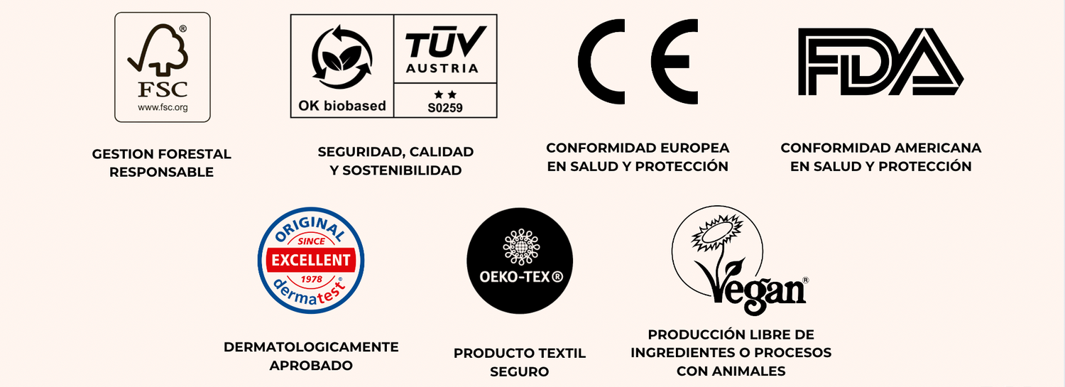 Banner de certificaciones Bebebums: FSC, TÜV Austria, CE, FDA, Dermatest, OEKO-TEX y Vegan – productos ecológicos seguros y aprobados.