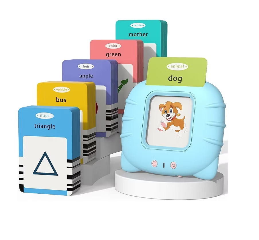 Juego de vocabulario. Pantalla con tarjetas de palabras en español e inglés (18m+)