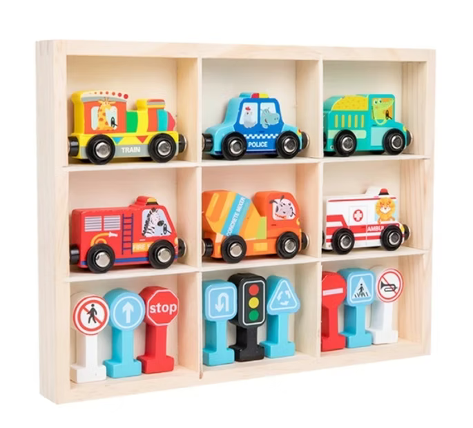 Caja de medios y señales de transporte en madera (2+)